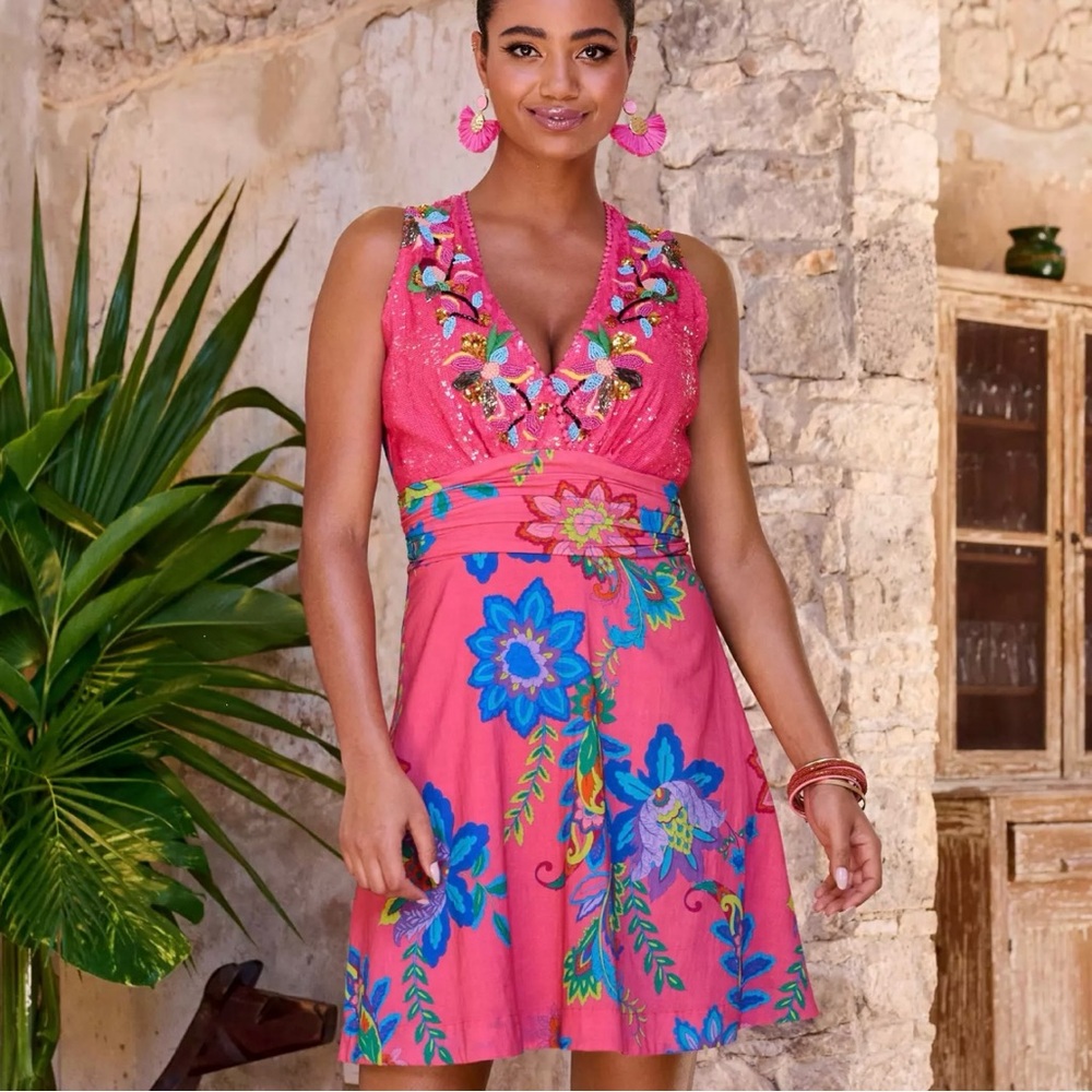 NWT Boston Proper St.Tropez Tropical Print Embellished FitnFlare Dress Pink Sz10